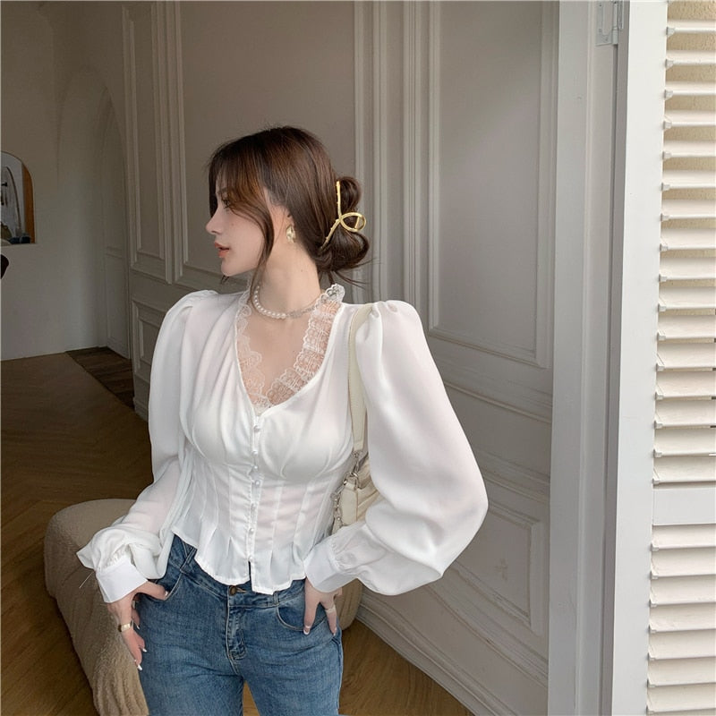Billlnai  2023 Summer Slim Elegant Chiffon Blouse Women Lace Korean Fashion Chic Casual Sexy Shirt V-neck White French Office Lady Blouse
