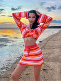 Thanksgiving Day Gifts Sexy Stripe Patchwork V Neck Long Sleeves Crop Top + Bandage Mini Skirt 2 Piece Sets Women 2023 Summer Beach Vacation Outfit