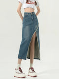 BIlllnai Denim Slit Skirt Korean Fashion Women High Waist Straight Split Raw Edge Slim Jean Long Skirt Vintage Streetwear Girl