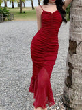 Billlnai Women Sexy Spaghetti Strap Sleeveless Red Dress Female Backless Mermaid Midi Dresses Vestidos