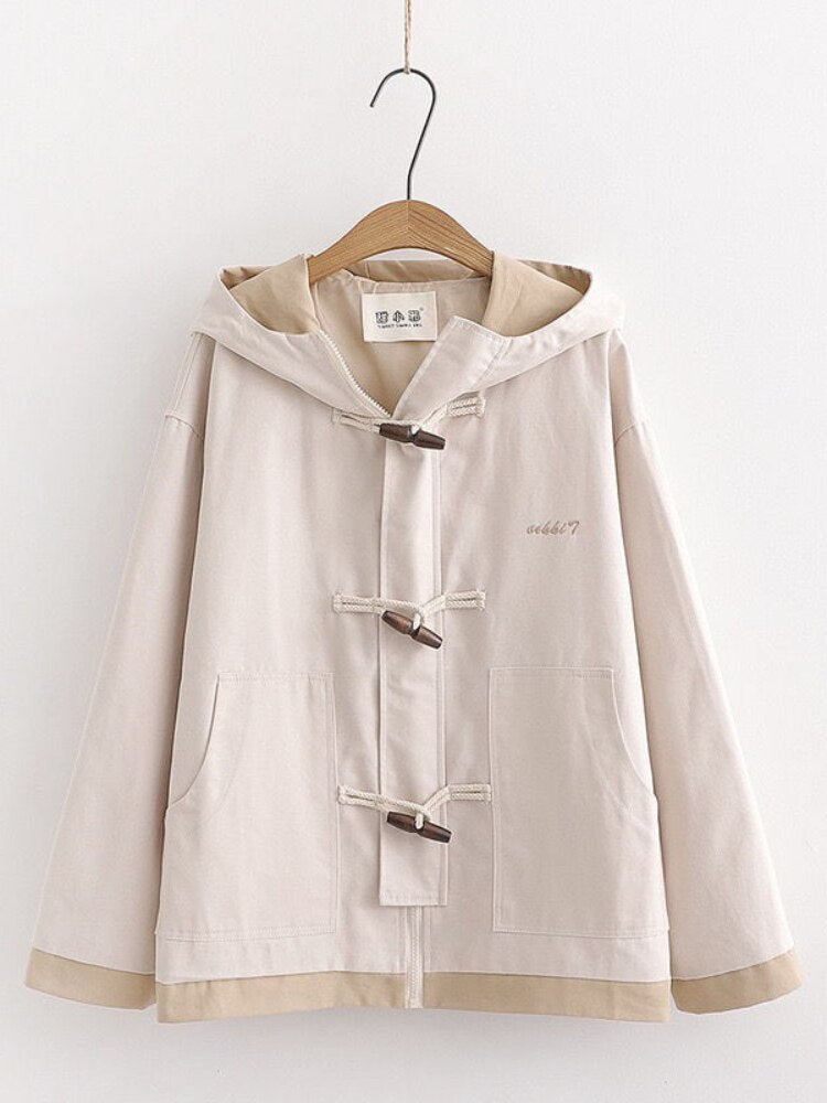 Billlnai  Horn Button Jacket Women Spring Long-Sleeved Hooded Coat College Style Girly Japanese Vintage Top 2023 Popular Zipper Top