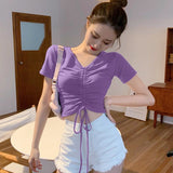 Billlnai  2023 Graduation party  Y2k Crop Top V Neck Women 2023 Summer Drawstring Pure Purple Simple Sweet Short Sleeve Shirts Mujer Slim Casual Tee Korean Style