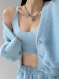 Billlnai 2023 New Sexy Sweaters Knitted Cardigan Two Piece Set Women's Sweater Autumn Plush Short Suspender Y2k Clothes Crop Top Vest Set
