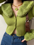 Billlnai Autumn Streetwear Fashion Woman Cardigan Sweaters With Fur Trim Collar Casual Female Cropped Sweater Knitted Clothes Y2k Tops
