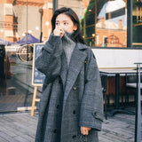 Billlnai Plaid Woolen Coat Women's Mid-Length Korean Oversized 2023 Autumn Winter New Preppy Student Loose Over-The-Knee Woolen Jackets