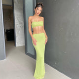 Green Mesh Sexy Outfits For Woman 2023 Summer Two Piece Set Crop Top And Long Skirt Elegant Party Club Outfit Holiday Beach Suit