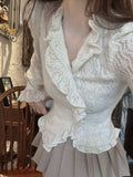Billlnai Spring Vintage Lace Sweet Tops Women Soft Causal V-neck Elegant Shirts Female Cute Petal Sleeve Holiday Fairy Blouses 2023 New