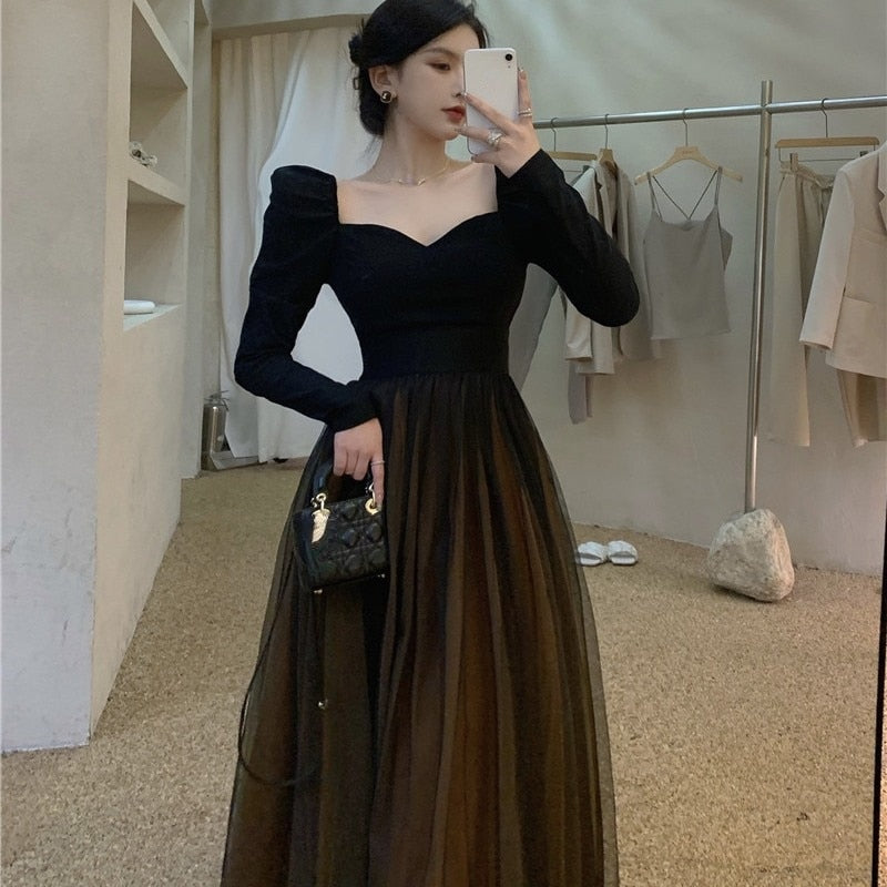 Billlnai  2023 Black Elegant Skirt Suit Women Winter 2023 France Vintage Set Woman 2 Pieces Chic Korea Y2k Blouse + Gauze Party Midi Skirt New
