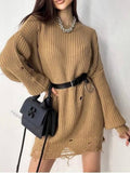 Billlnai Fashion Hollow Out Tassel Oversize Sweater Dress Women 2023 Autumn Winter Casual O Neck Looes Straight Khaki Knitted Pullovers