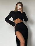 Christmas gifts Office Lady Temperament Black Fashion Tops For Women Full Silm Fit Split Bustier Dress Sexy Hot Vestidos Two Piece Skirt Sets