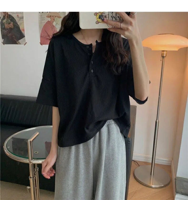 Billlnai Spring Summer Fashion Solid Casual T-Shirts Loose Pullover Women's Long Short Sleeved Slim Tees Knitted Top Soft All-Match