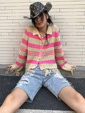 Long Sleeve Cardigans Sweater Women Striped Hollow Out Turn-down Collar Knit Cardigans Autumn High Street Y2K Tops Pull
