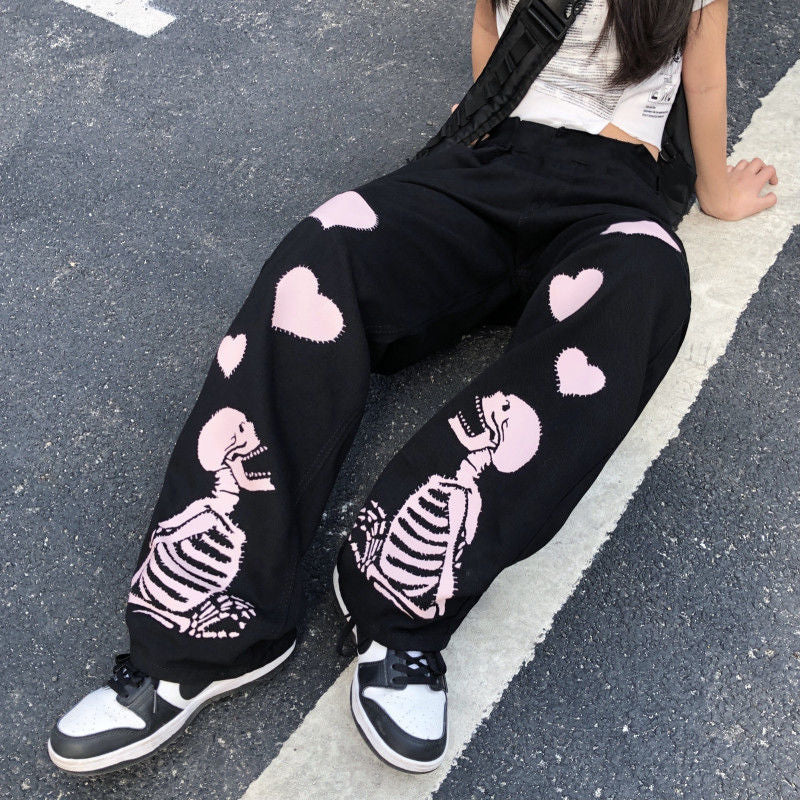 Helloween Big Sale Billlnai Pink Skull Skeleton Pants Women Elastic Waist Wide Leg Black Straight Casual Trousers Gothic Punk Hippie Y2K Clothes Streetwear