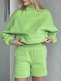 Billlnai Fashion O Neck Long Sleeve Loose Sweatershirt Shorts 2 Piece Sets Women 2023 Autumn Winter Casual High Street Green Outfits