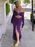 Black Friday Big Sales Sexy Cut Out Long Sleeve Purple Crop Top + Irregular Slit Ruched Maxi Skirt 2 Piece Sets Women 2023 Y2K Beach Party Club Outfits