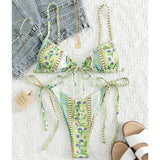 Billlnai MYTENG Floral Print String Bandage Bikini Set Swimwear Women Summer Sexy Push Up Bathing Suit Beachwear Halter Biqiuni Swimsuit