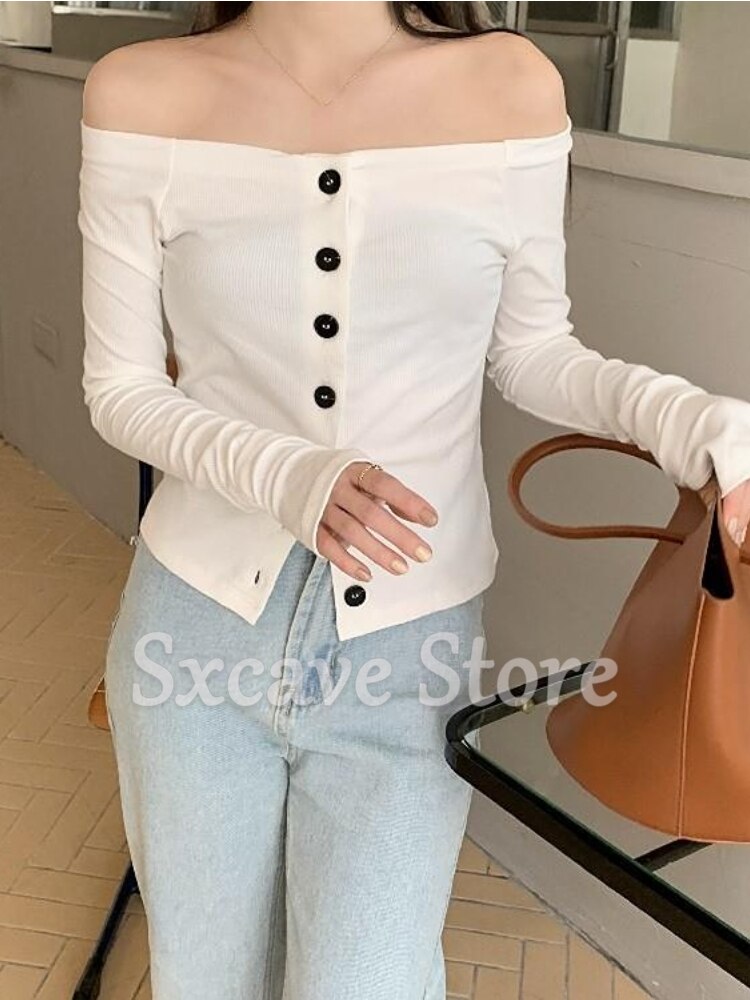 Billlnai Off Shoulder Long Sleeve T-Shirt Women Y2k Crop Tops Female Button Slim Elegant Knitted Bloused Office Lady Korean 2023 Summer