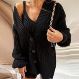Women Rib Knitted Sweaters Autumn V-Neck Single Breasted Casual Loose Cardigans 2023 Winter Black Knit Jackets Coats