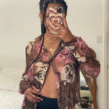 Billlnai Women Fairy Grunge Shirt Graphic Print Turn Down Collar Long Sleeve Single-Breasted Blouse Cardigan Harajuku Vintage Streetwear