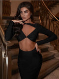 Billlnai Sexy Cut Out Hollow Long Sleeve Black Robe Maxi Dress For Women 2023 Fall Elegant Party Club Bodycon Mermaid Gown Ladies Vestido