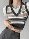 Christmas gifts Summer College Style Vintage Sweater Stripe Knitted Vest Women's V-Neck Sleeveless Short Crop Top Korean Fashion Y2k Clothes