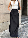 Billlnai  Summer Black Long skirts For Women Casual Side Split High Waist Fashion Party Skirts Patchwork Pocket Ladies Midi Skirts