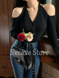 Billlnai 2023 Spring Elegant Halter V Neck Kint Sweater Women Vintage Pullover Casual Long Sleeve Y2k Crop Tops Female Korean Blouse Chic