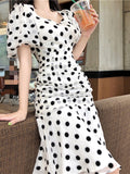 Billlnai Women's Summer Dot Print Midi Dress Short Sleeve Elegant Party Vestidos Female Fashion Casual Clothes