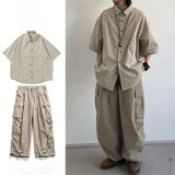 Billlnai - Summer Loose Set Men Women Solid Color Breathable Quick-drying Shirt+Vintage Multi-pocket Cargo Pants Couple Two-piece Unisex