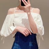 Womens summer tops  Back To College  Design Sense Slash Neck Suspenders Blouse Puff Sleeve Drawstring Solid Color Plaid Shirt 2023 New Summer Mujer Blusa