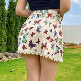Christmas gifts Butterfly Print Sexy Mini Skirt Women Clothes High Fashion Mujer Faldas Side Split Bow Lace Decor Y2k Accessories Woman Skirts