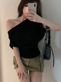 Billlnai Skinny Sexy White Crop Top Women Off Shoulder Summer Y2k T-Shirt Korean Style Fashion Black Blouse 2023 Summer Korean Clothing