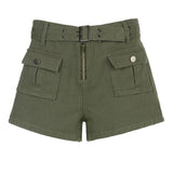 Billlnai  Military Green Pockets Casual Cargo Shorts Low Waist Sashes Streetwear Denim Short Pants Women Vintage Vacation Bottoms