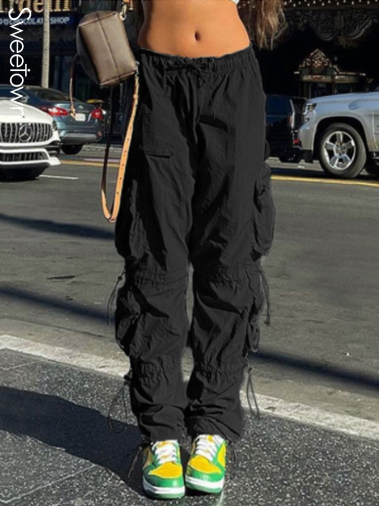 Billlnai  Gray Solid Hippie Y2K Sweatpants Drawstring Low Waist Casual Baggy Joggers Women Patchwork Pockets Black Cargo Pants