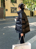 Billlnai Black Micro-Reflective Padded Jacket Female Short Student Bread Clothes 2023 New Niche Design Loose Korean Thickening Jacket