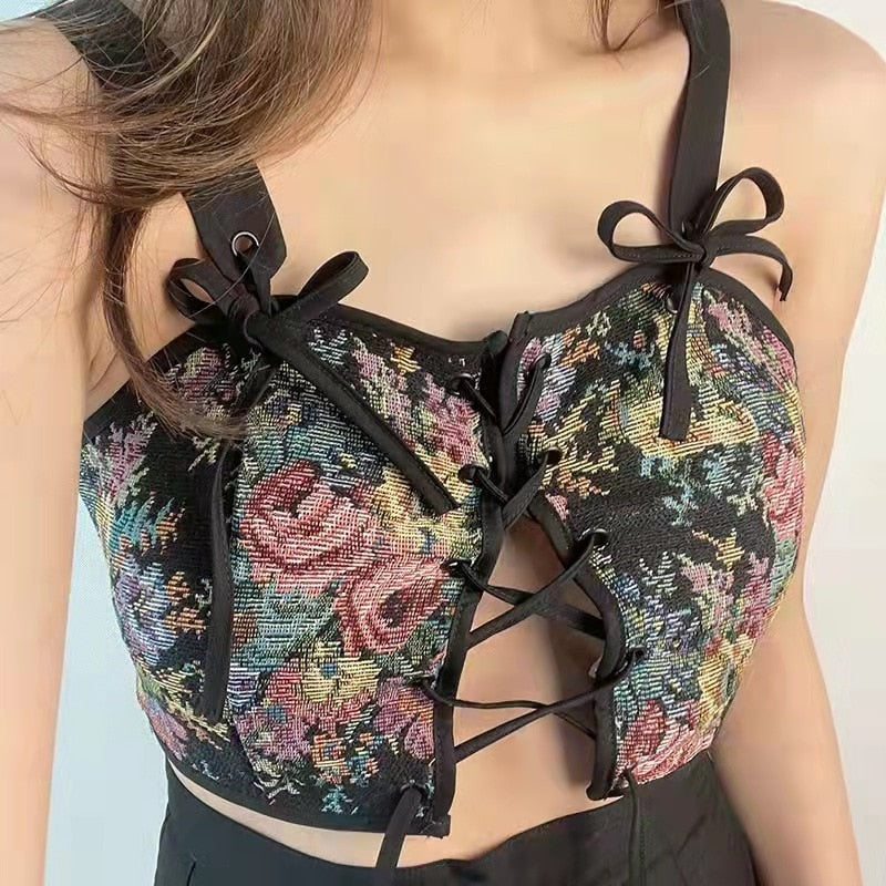 Billlnai  2023 Floral Beach Party Sexy Bustiers Crop Women Backless Bandage French Vintage Halter Top Korean Fashion Boho Lace with Corset