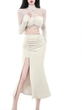Billlnai Summer Korean Style Two-piece Set Women Bodycon Elegant Sexy Party Long Skirt Suit Y2k White Blouse + White Fishtail Skirt 2023