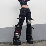 Billlnai Cyber Y2K Pants Hollow Out Techwear Gothic Emo Alt Trouser Punk Print Cut Out Baggy Jeans Fairy Button Tie Up Black Hippie Pants
