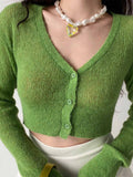Billlnai Green Women Knit Cardigans 2023 Summer Autumn Fashion Slim Ladies Knitted Sweater Crop Top Long Sleeve Buttons Sweaters Y2k Tops
