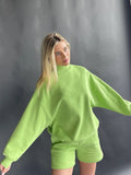 Billlnai Fashion O Neck Long Sleeve Loose Sweatershirt Shorts 2 Piece Sets Women 2023 Autumn Winter Casual High Street Green Outfits