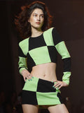 Black Friday Big Sales Elegant Long-Sleeved Plaid Color Matching Crop Tops Mini Skirt 2 Piece Sets Women 2023 Autumn Fashion High Street Clubwear