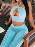 Christmas gifts Light Blue 2 Pcs Set Outfits For Women Slim Clothes Neck Mounted Bubble Workout Tracksuits Sleeveless Hollow Out Sexy Streetwear