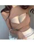 Billlnai  Summer New Korean Girl Female Elegant Vneck Long Sleeve T Shirt + Hollow Out Cross Pleated Tops Tees Hot Sexy Top Y2EJ