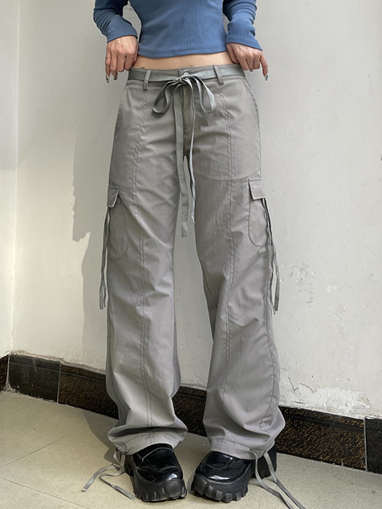Billlnai Fashion Streetwear Chic Cargo Pants Women Zip Up Vintage Women Gray Trousers Harajuku Vintage Cute Belt Sweatpants