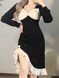 Thanksgiving Day Gifts Autumn Winter Women's V-Neck Long Sleeve High Waist A-Shaped French Thin Medium Long Y2k Aesthetics Color Contrast Fashion Dress