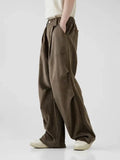 Billlnai - Pleated Brushed Pants Men Hip Hop Korean Wide Leg Trousers Male High Waist Oversize Casual Streetwear Vintage Autumn