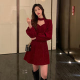 Billlnai  2023 Red Velvet Elegant Party Mini Dress Women Christmas Wram French Vintage Dress Ladies Casual Korean One-piece Dress 2023 New Year