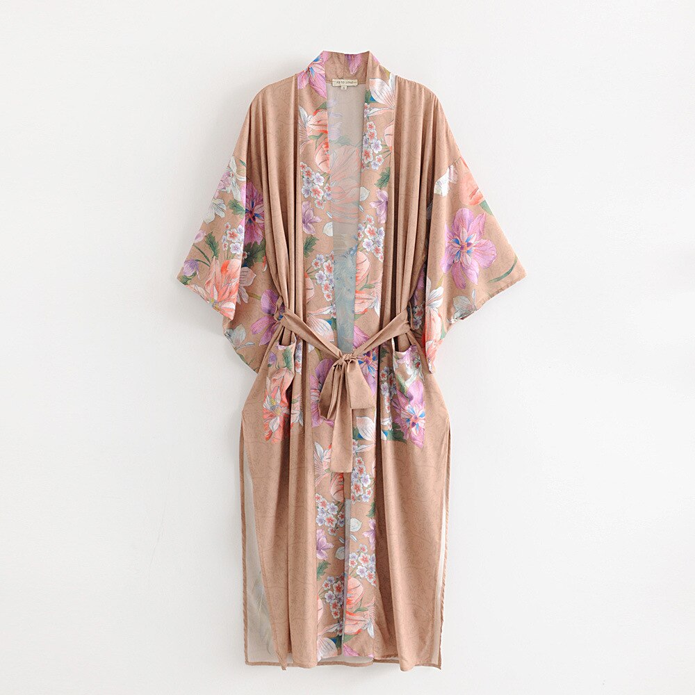 Billlnai Kimono Sleeve Robe Kaftan Khaki Floral Print Boho Cardigan Sexy Side Slits Gypsy Beach Summer Autumn Long Women Blouses Blusas
