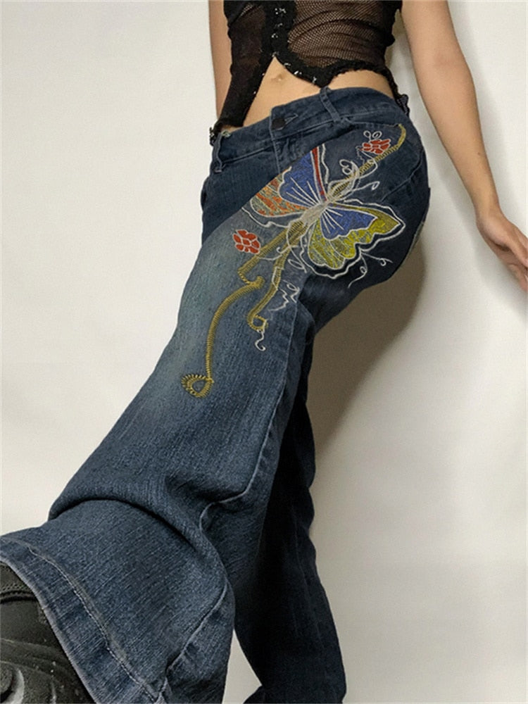 Billlnai Retro Butterfly Print Y2K Denim Jeans Low Waisted Grunge Vintage Cargo Trousers Fairycore Harajuku Fashion Pants Cuteandpsycho