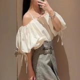 Womens summer tops  Back To College  Design Sense Slash Neck Suspenders Blouse Puff Sleeve Drawstring Solid Color Plaid Shirt 2023 New Summer Mujer Blusa